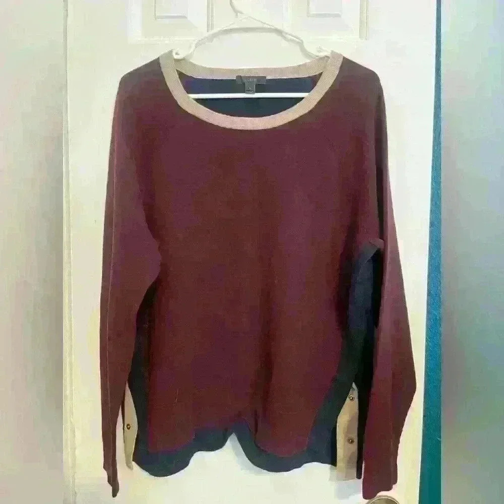 J Crew Colorblock Burgundy Navy and Tan Snap Sweater Large